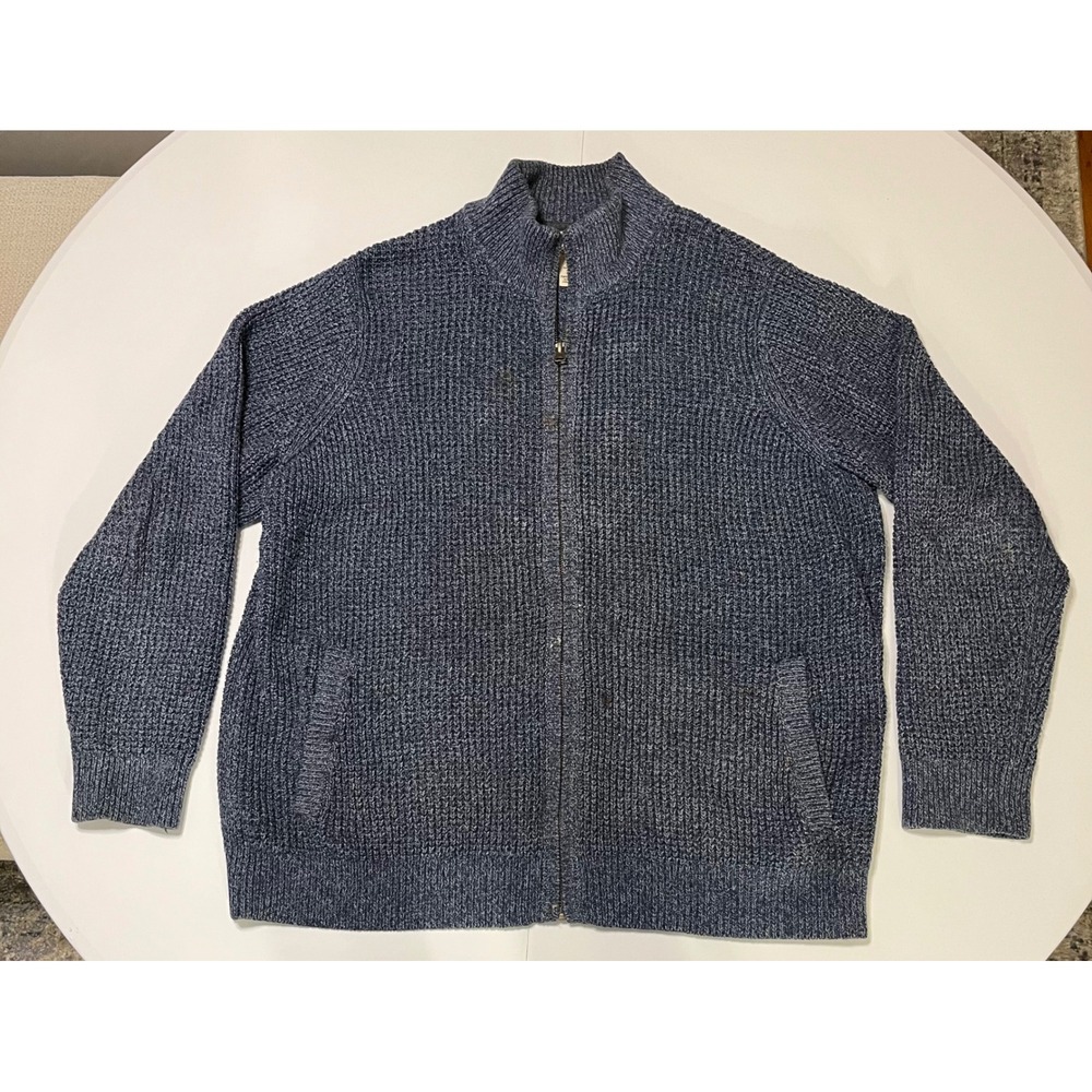 LL Bean Men's Blue Waffle Knit Full Zip Sweater Organic Cotton Size XL READ
